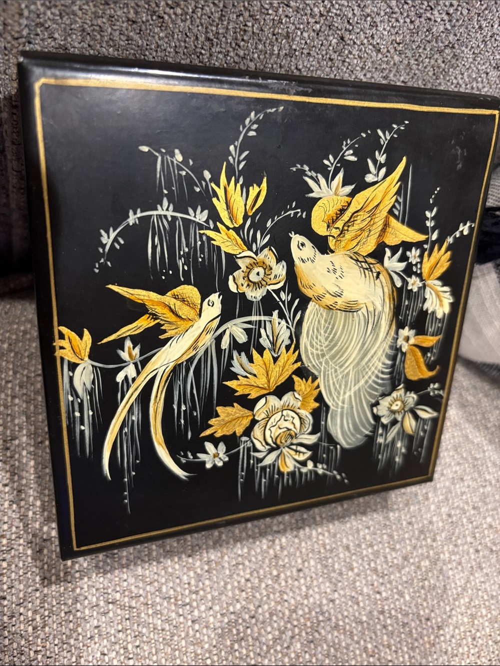 Vintage black, Gold & Cream Bird lacquer decorative trinket box